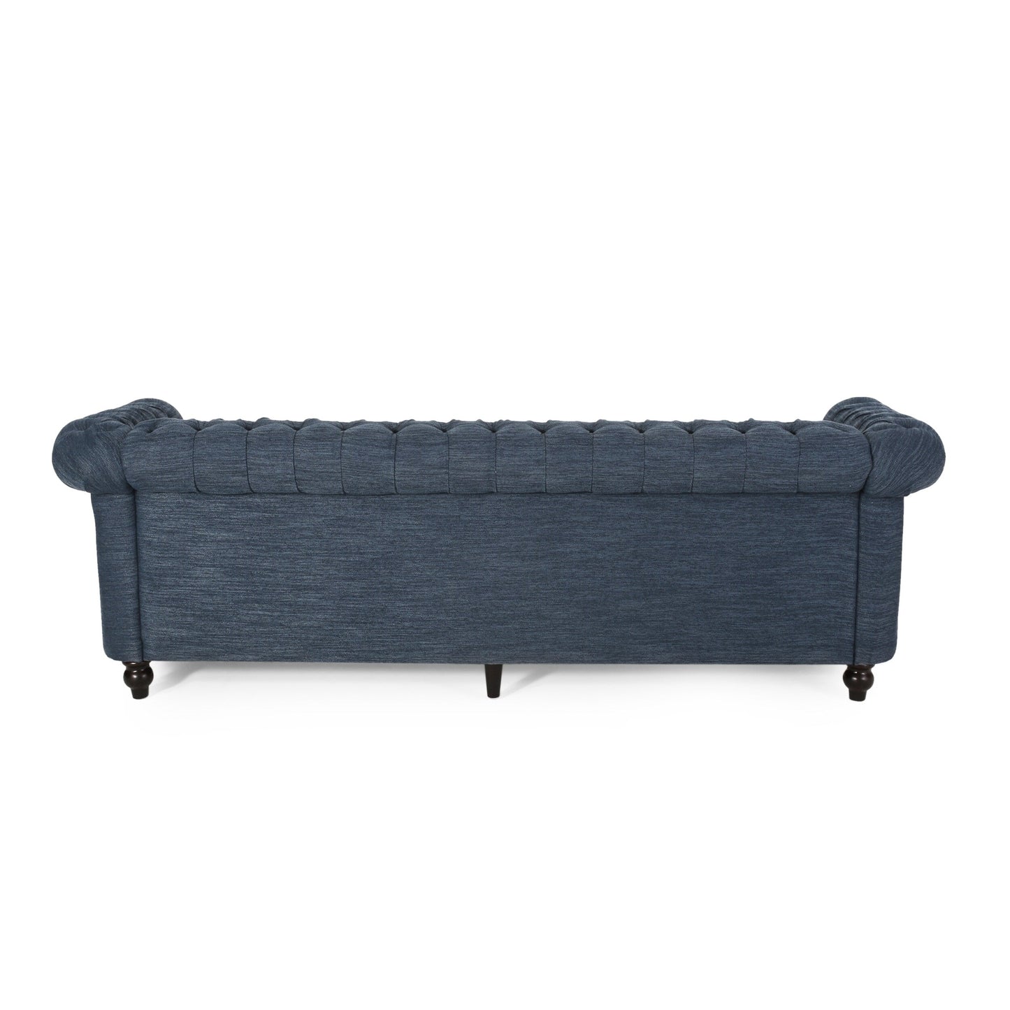 Canapé 3 places Chesterfield bleu marine 84,75, capitonné, avec clous et pieds en bois