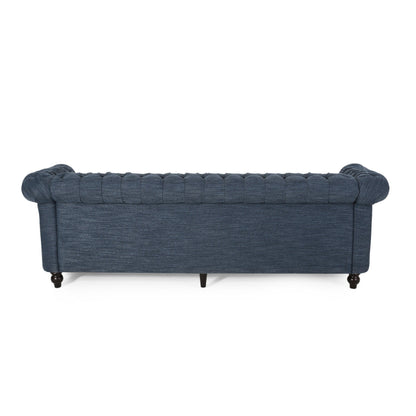 Canapé 3 places Chesterfield bleu marine 84,75, capitonné, avec clous et pieds en bois