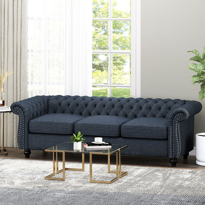Canapé 3 places Chesterfield bleu marine 84,75, capitonné, avec clous et pieds en bois