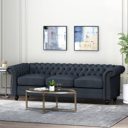 Canapé 3 places Chesterfield bleu marine 84,75, capitonné, avec clous et pieds en bois
