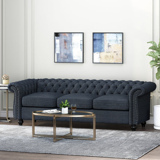 Canapé 3 places Chesterfield bleu marine capitonné avec têtes de clous