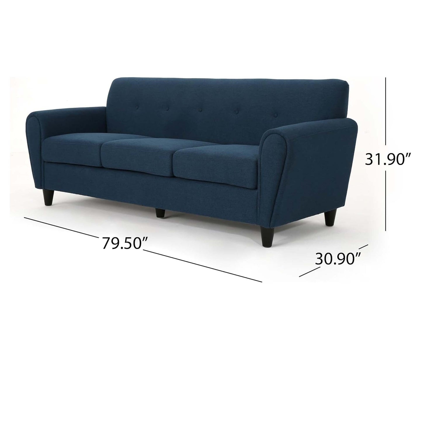 Canapé 3 places bleu marine moderne 78,5 avec pieds en bois et cadre en contreplaqué pour le salon