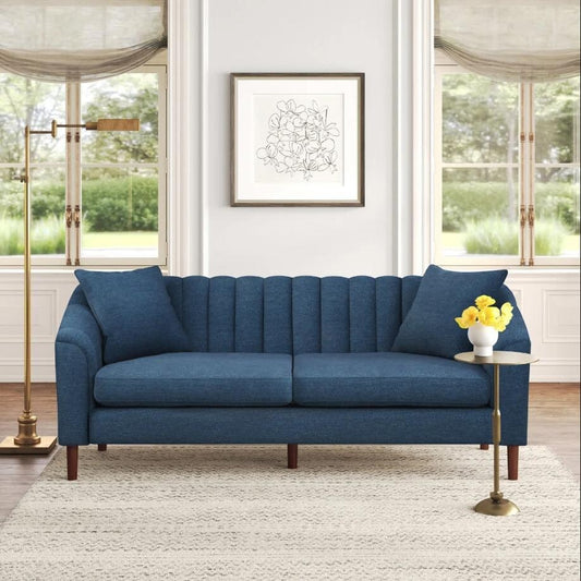Canapé 3 places bleu marine moderne 84,5 avec pieds en bois et coussins pour le salon