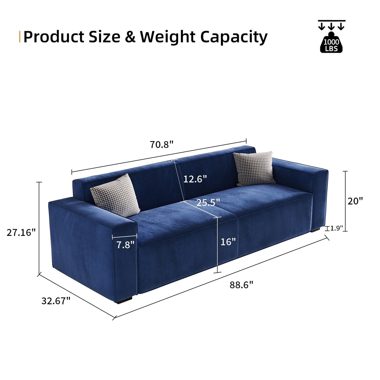 Canapé-causeuse moderne bleu marine 88,6 en chenille avec 4 pieds en bois massif et 2 coussins pour le salon