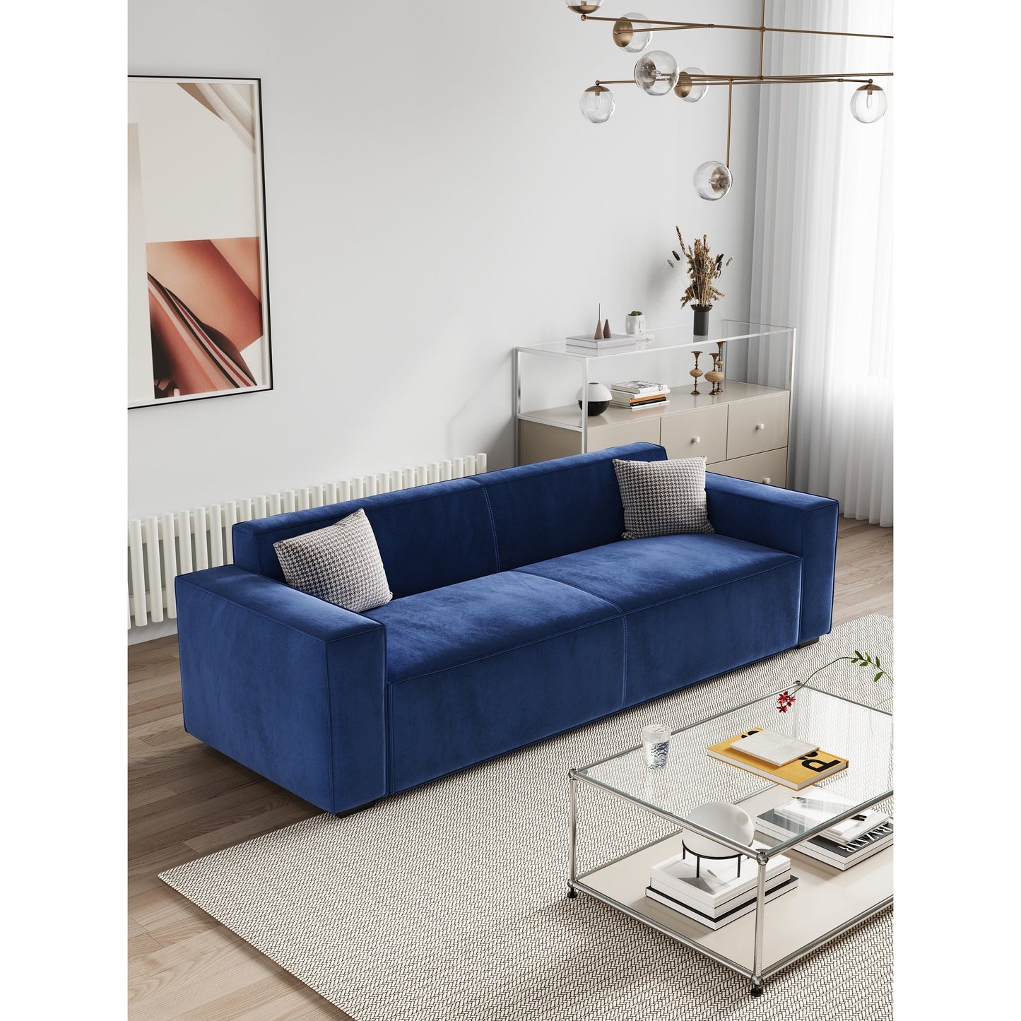 Canapé-causeuse moderne bleu marine 88,6 en chenille avec 4 pieds en bois massif et 2 coussins pour le salon