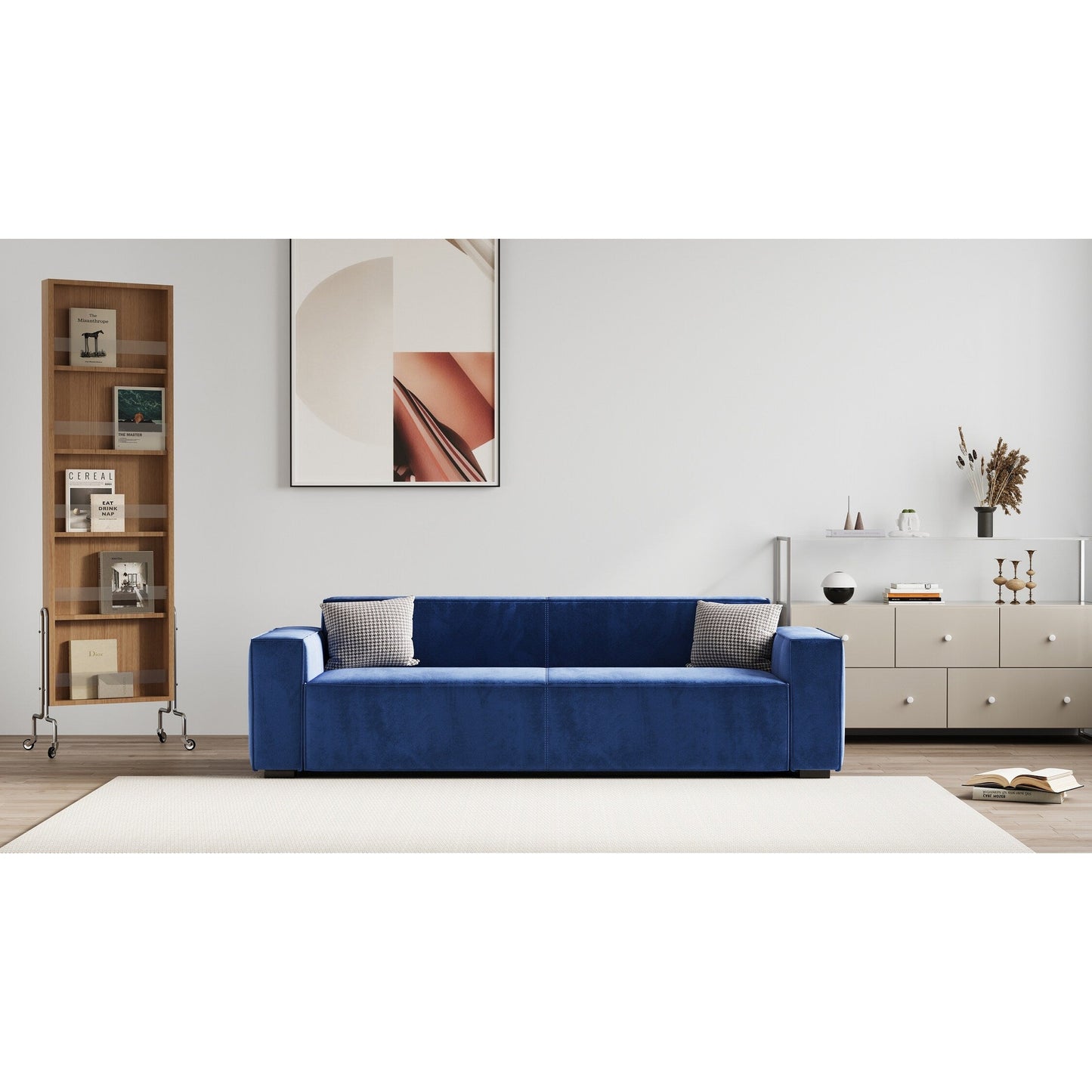 Canapé-causeuse moderne bleu marine 88,6 en chenille avec 4 pieds en bois massif et 2 coussins pour le salon