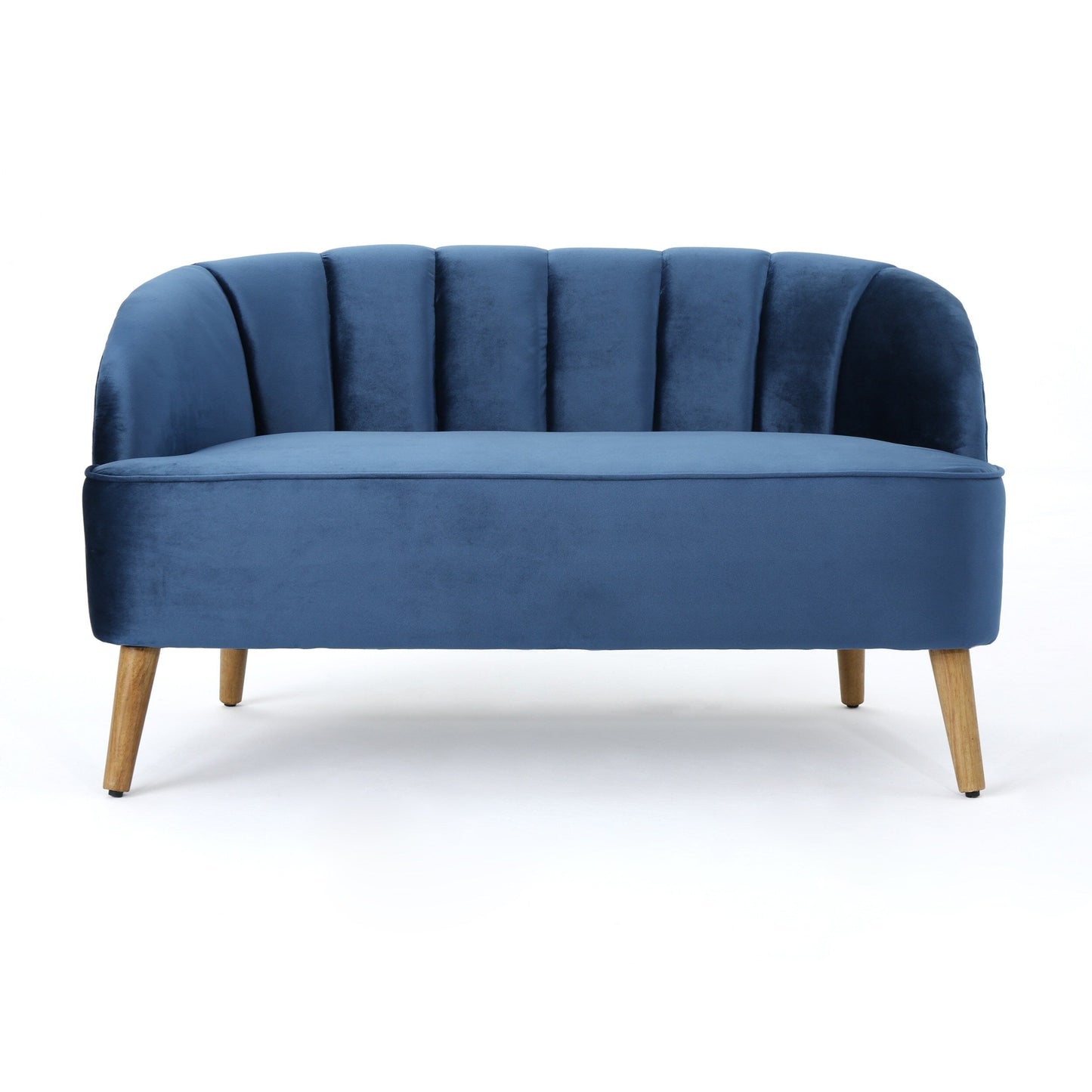 Canapé causeuse en velours bleu marine avec cadre en bois de bouleau
