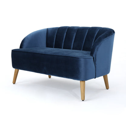 Canapé causeuse en velours bleu marine avec cadre en bois de bouleau
