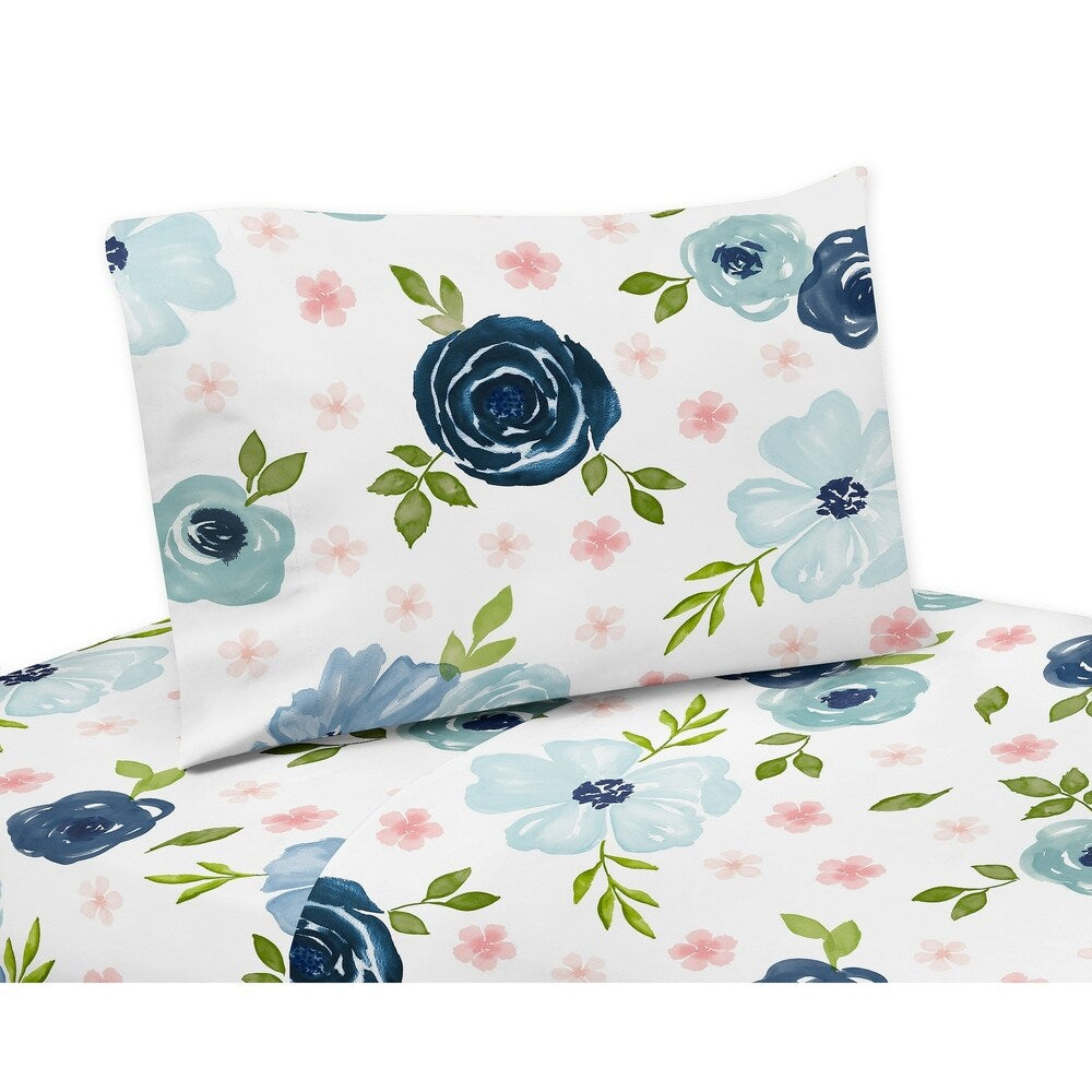 Parure de draps 4 pièces à motif floral aquarelle bleu marine et rose - Rose blush, vert et blanc style shabby chic