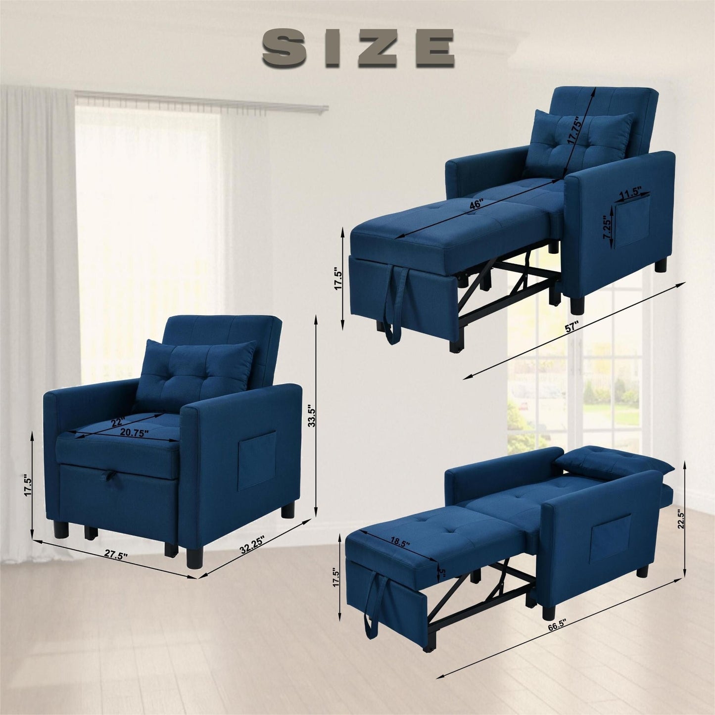 Canapé-lit convertible 3 en 1 moderne bleu marine de 27,5 pouces avec dossier réglable et oreiller pour le salon