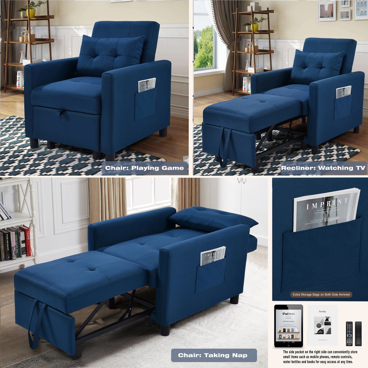 Canapé-lit convertible 3 en 1 moderne bleu marine de 27,5 pouces avec dossier réglable et oreiller pour le salon