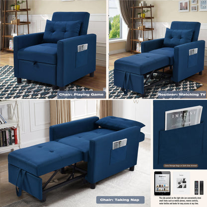 Canapé-lit convertible 3 en 1 moderne bleu marine de 27,5 pouces avec dossier réglable et oreiller pour le salon