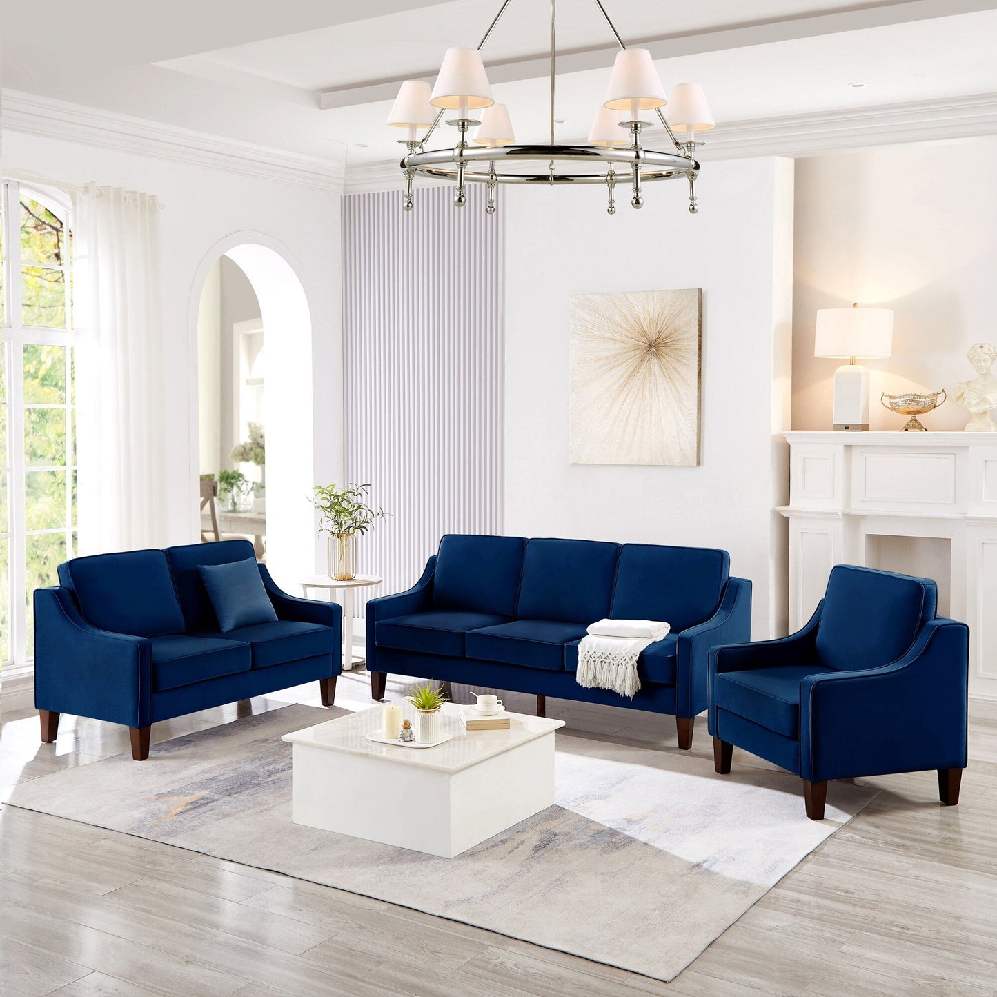 Canapé 3 places rembourré en velours bleu marine moderne 74 avec accoudoirs arrondis et coussins amovibles pour le salon