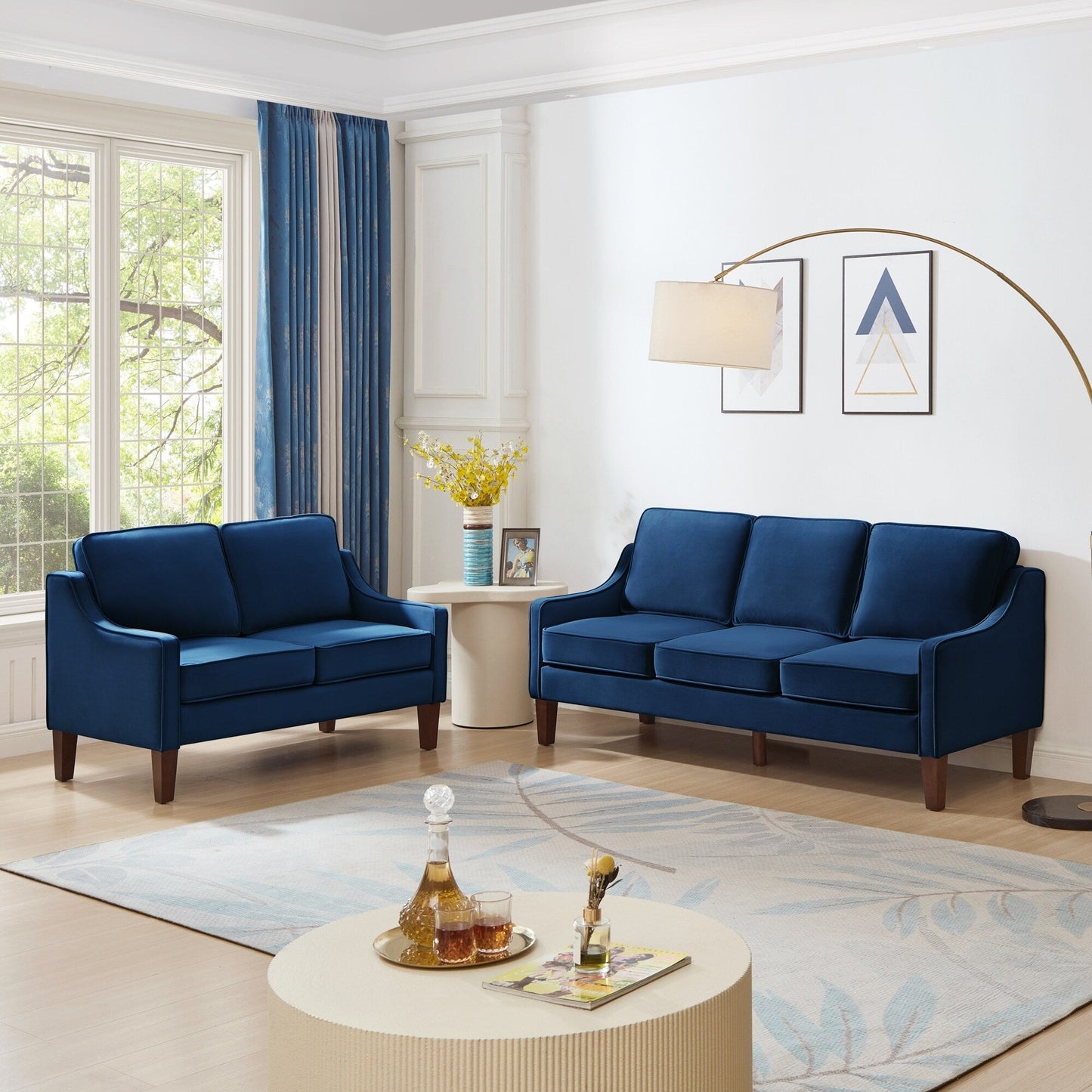 Canapé 3 places rembourré en velours bleu marine moderne 74 avec accoudoirs arrondis et coussins amovibles pour le salon