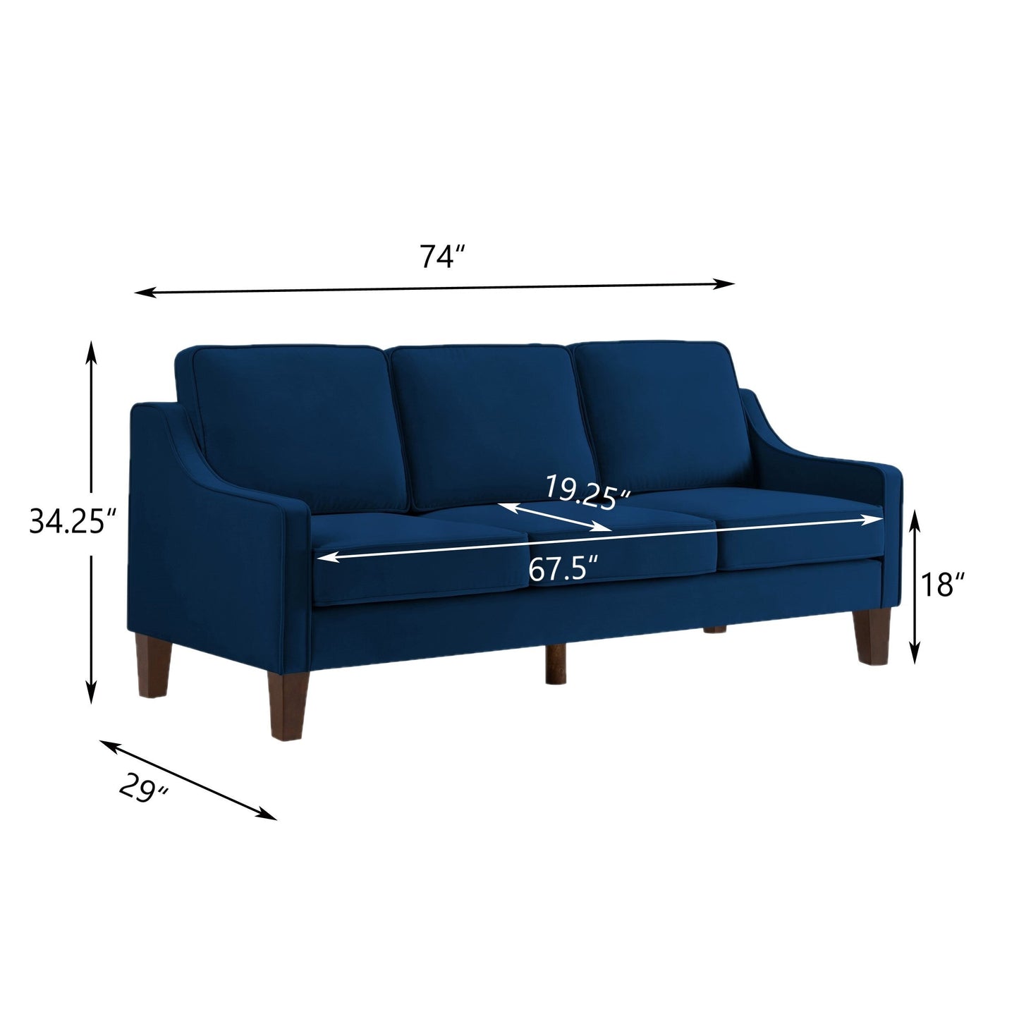 Canapé 3 places en velours bleu marine avec accoudoirs arrondis