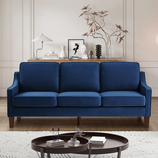Canapé 3 places en velours bleu marine avec accoudoirs arrondis