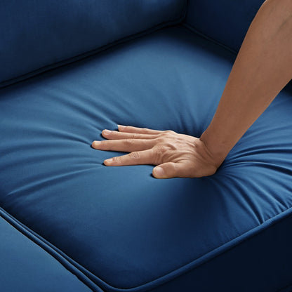 Canapé 3 places en velours bleu marine avec accoudoirs arrondis