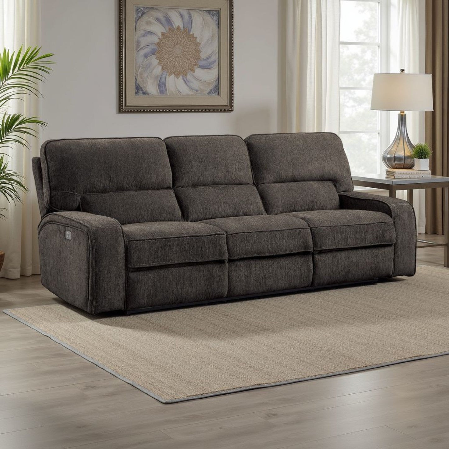 Canapé inclinable électrique Neo avec port USB, tissu chenille gris clair, 99 pouces