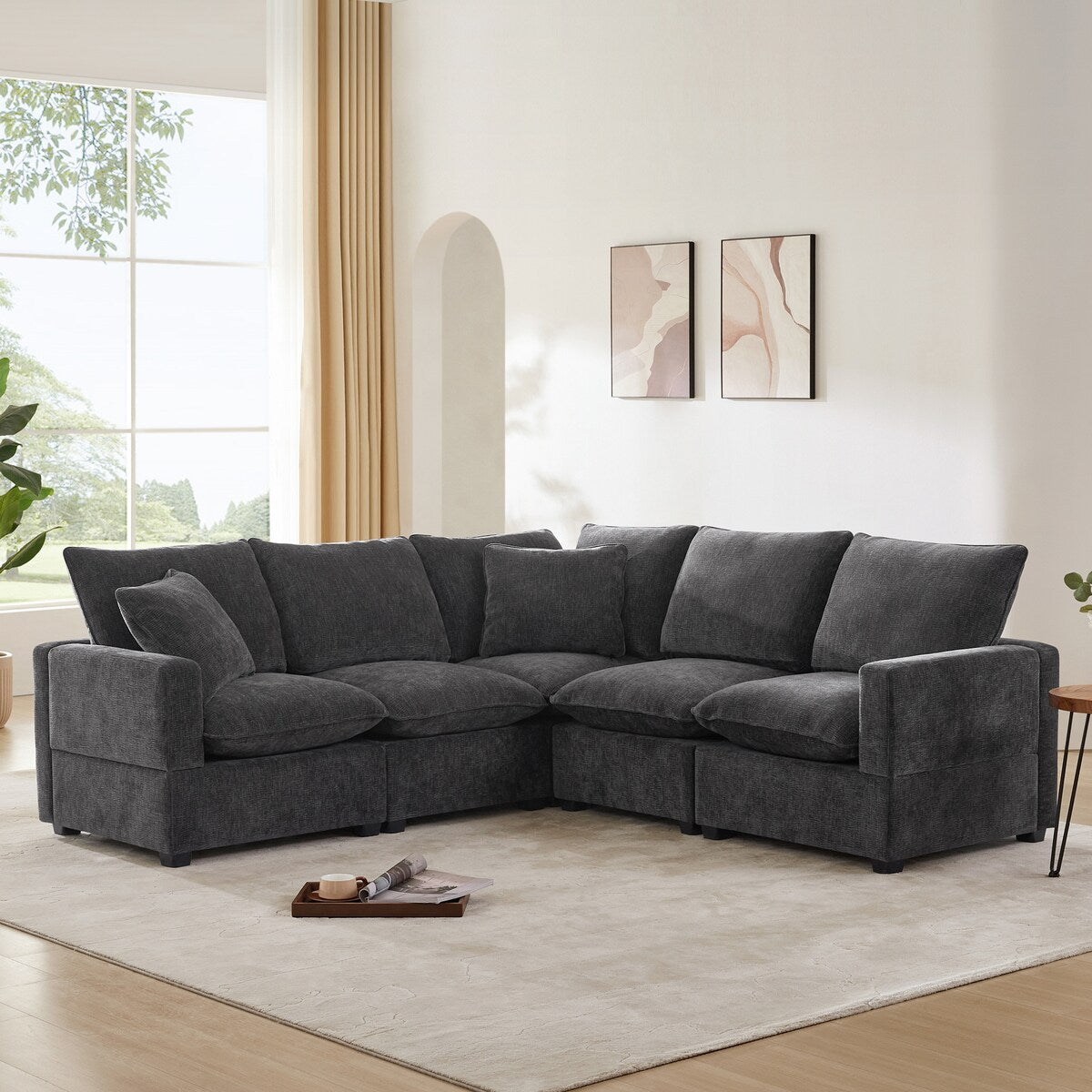 Canapé modulaire moderne en forme de L Nestfair, ensemble de canapés sectionnels 5 places en chenille avec 2 oreillers inclus