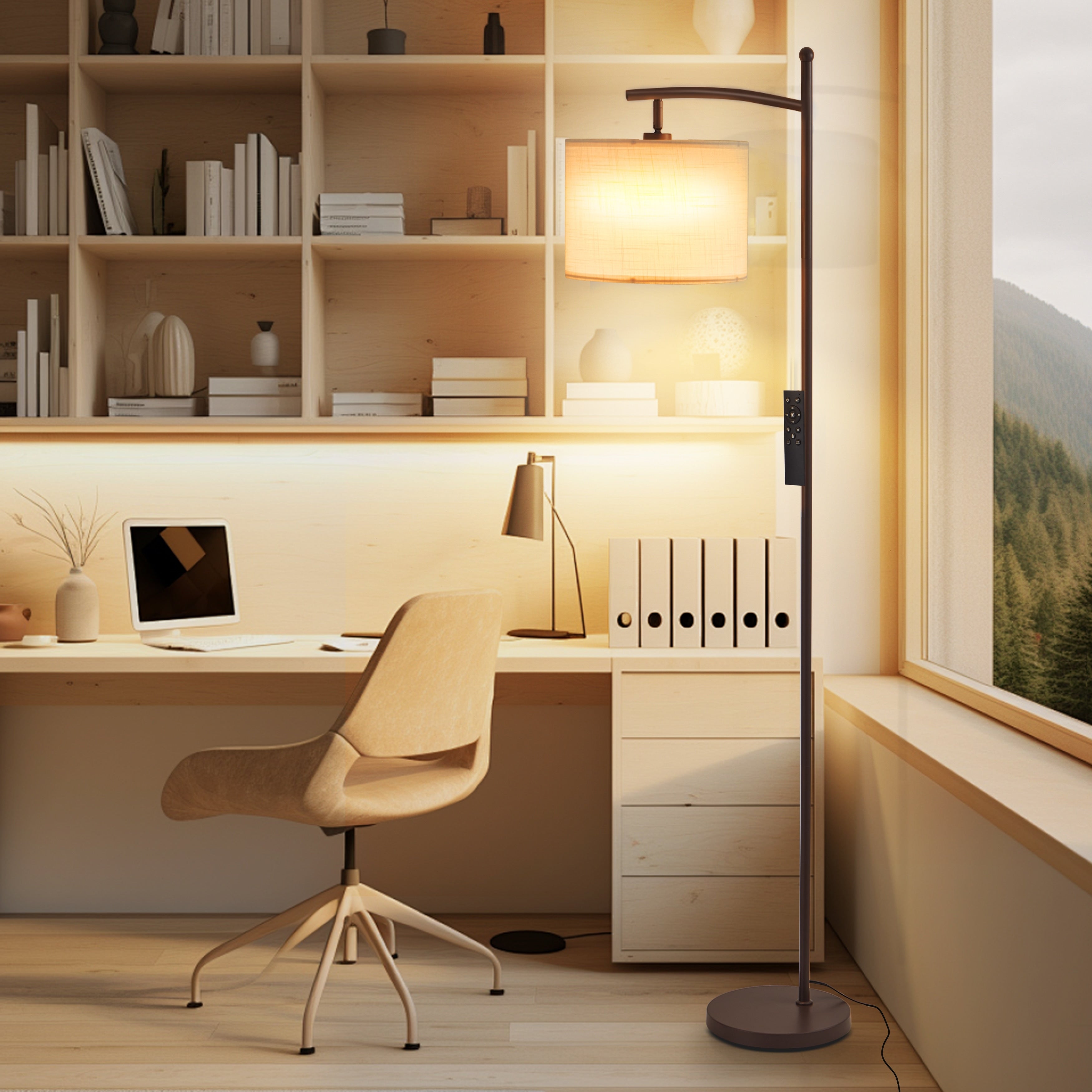 Lampadaire arqué Netin 66 avec télécommande et abat-jour rotatif