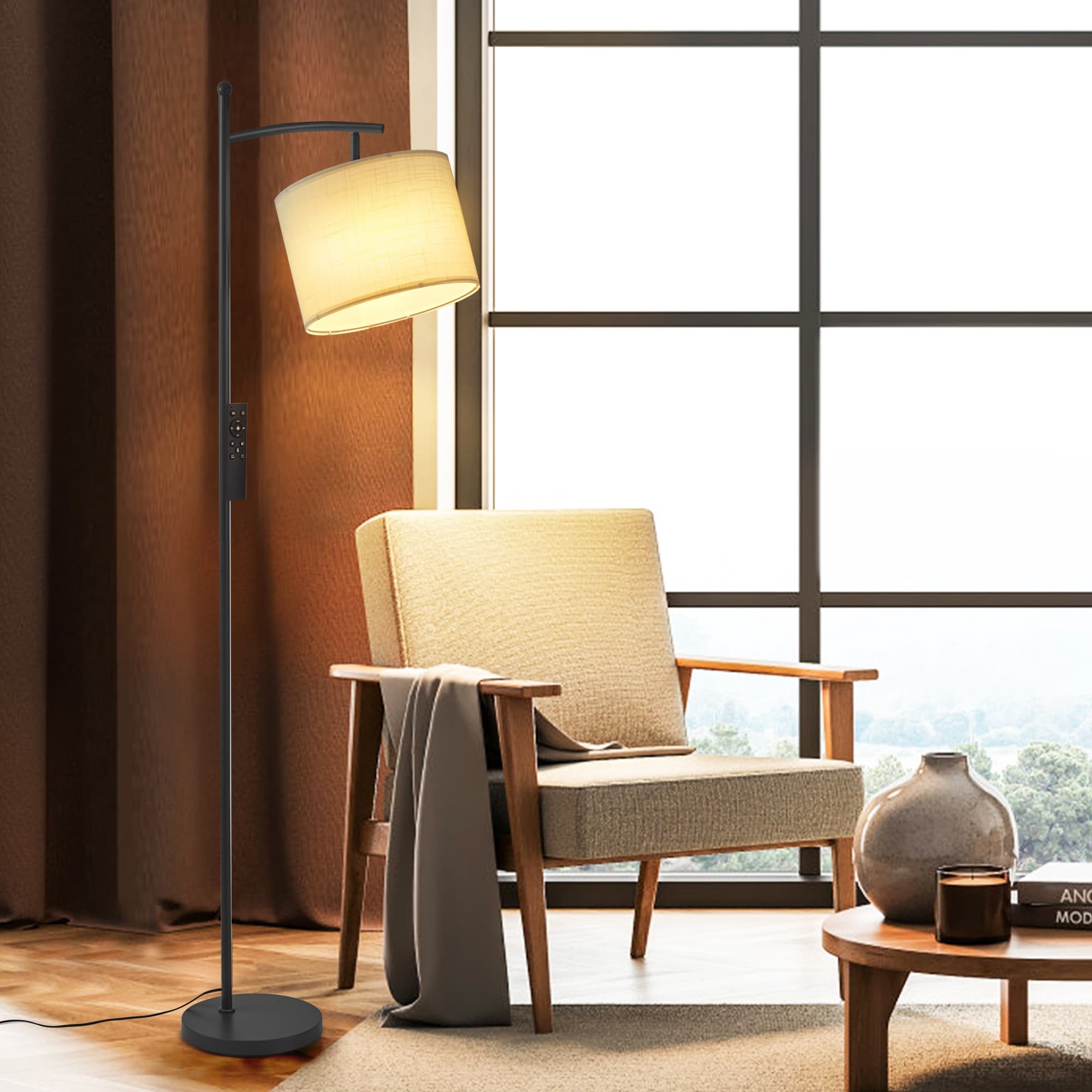 Lampadaire arqué Netin 66 avec télécommande et abat-jour rotatif