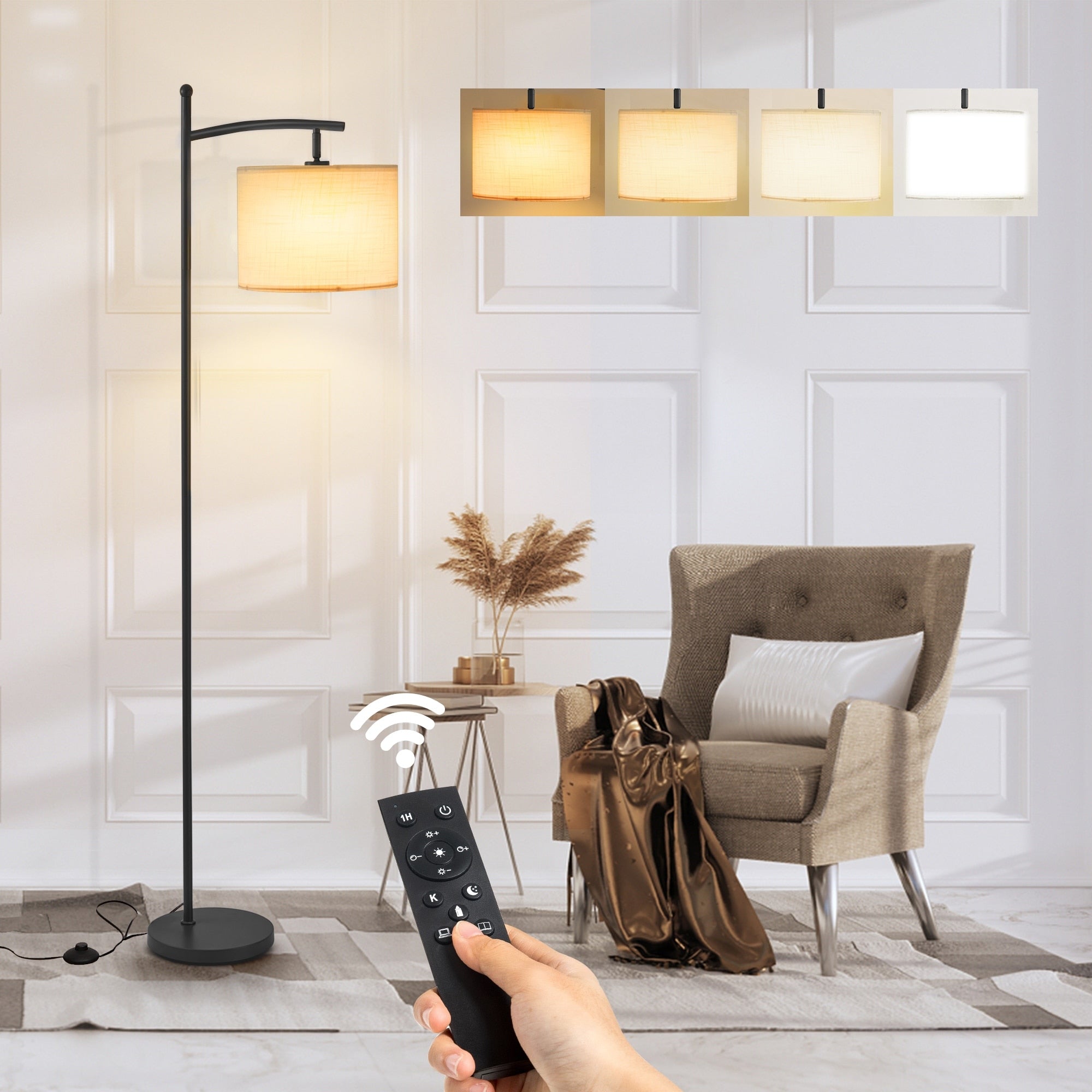 Lampadaire arqué Netin 66 avec télécommande et abat-jour rotatif