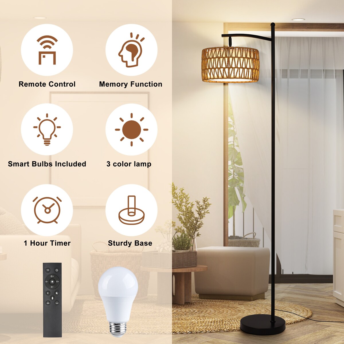 Lampadaire arqué à LED Netin 66 à intensité variable avec télécommande - N/A