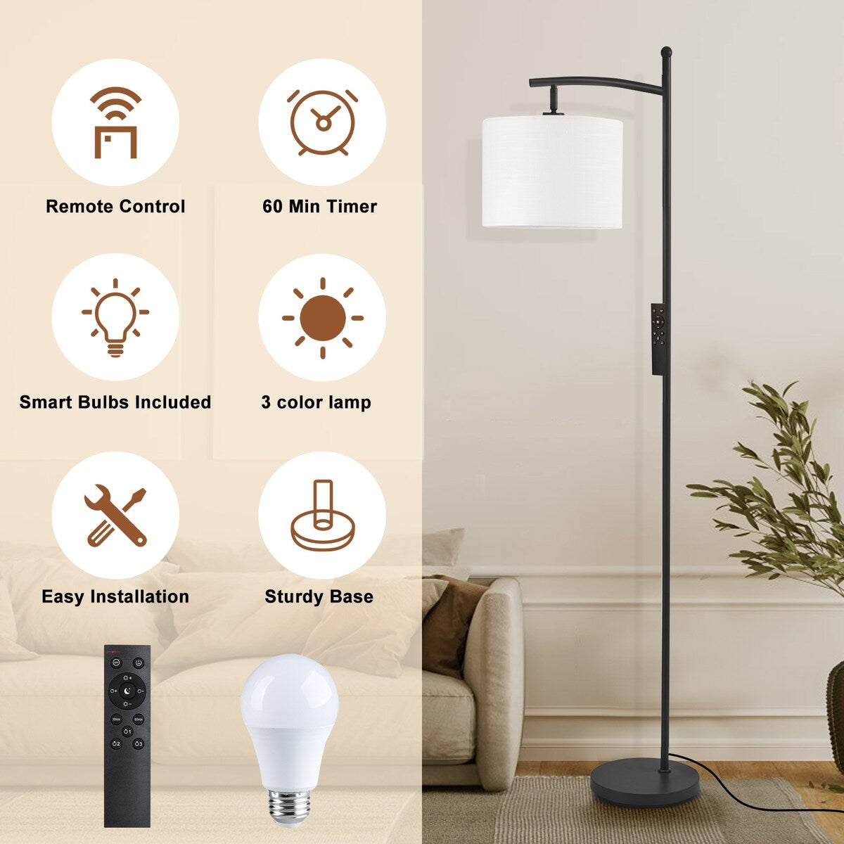Lampadaire arqué à LED Netin 66 à intensité variable avec télécommande - N/A