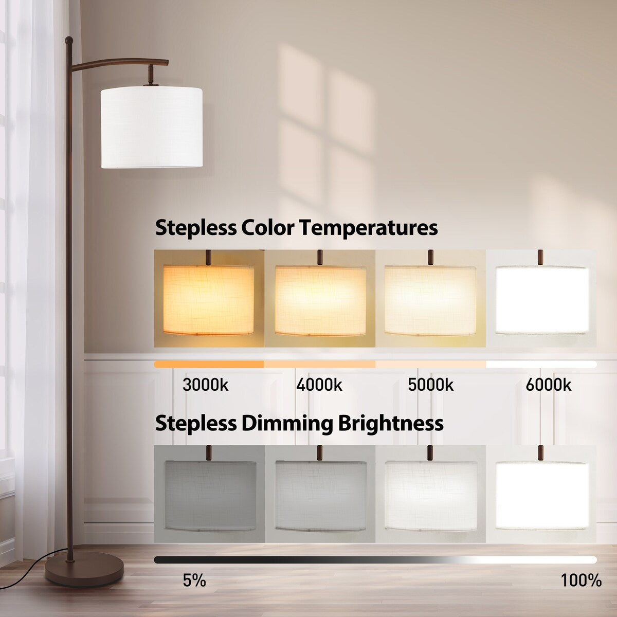 Lampadaire arqué à LED Netin 66 à intensité variable avec télécommande - N/A