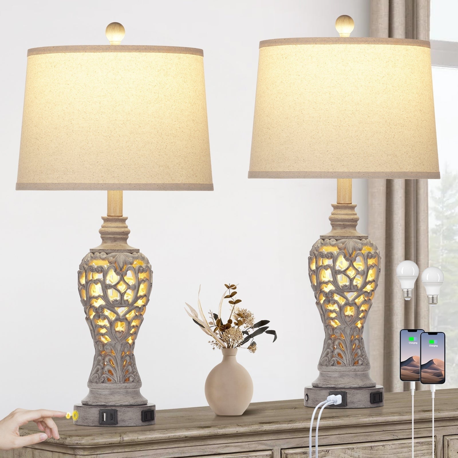 Lampe de table veilleuse en résine 2 en 1 avec port de charge USB, port de charge Type-C et prise secteur, 2 interrupteurs indépendants (lot de 2)