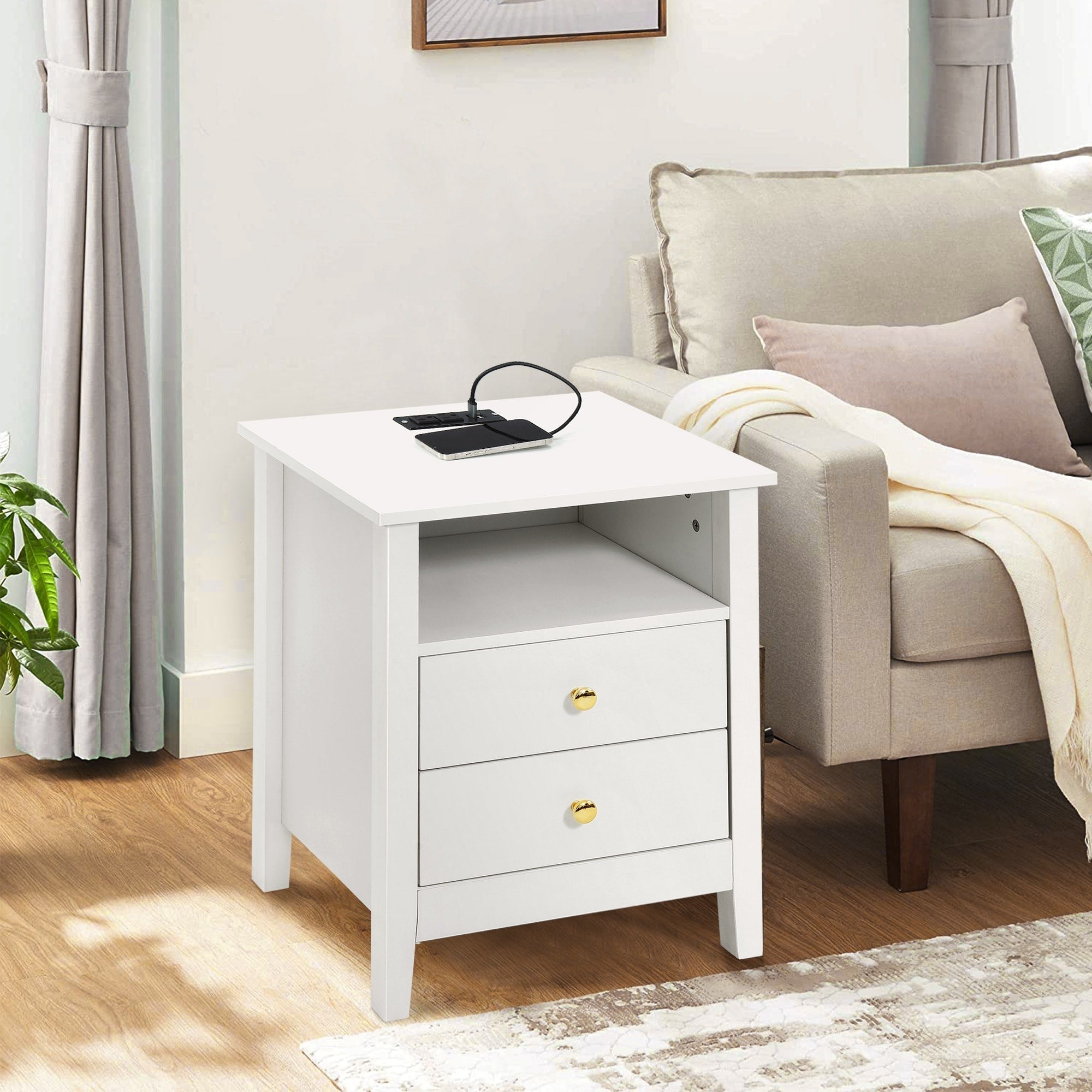 Ensemble de 2 tables de chevet avec station de charge, table d'appoint avec 2 tiroirs, ports et prises USB, table de chevet