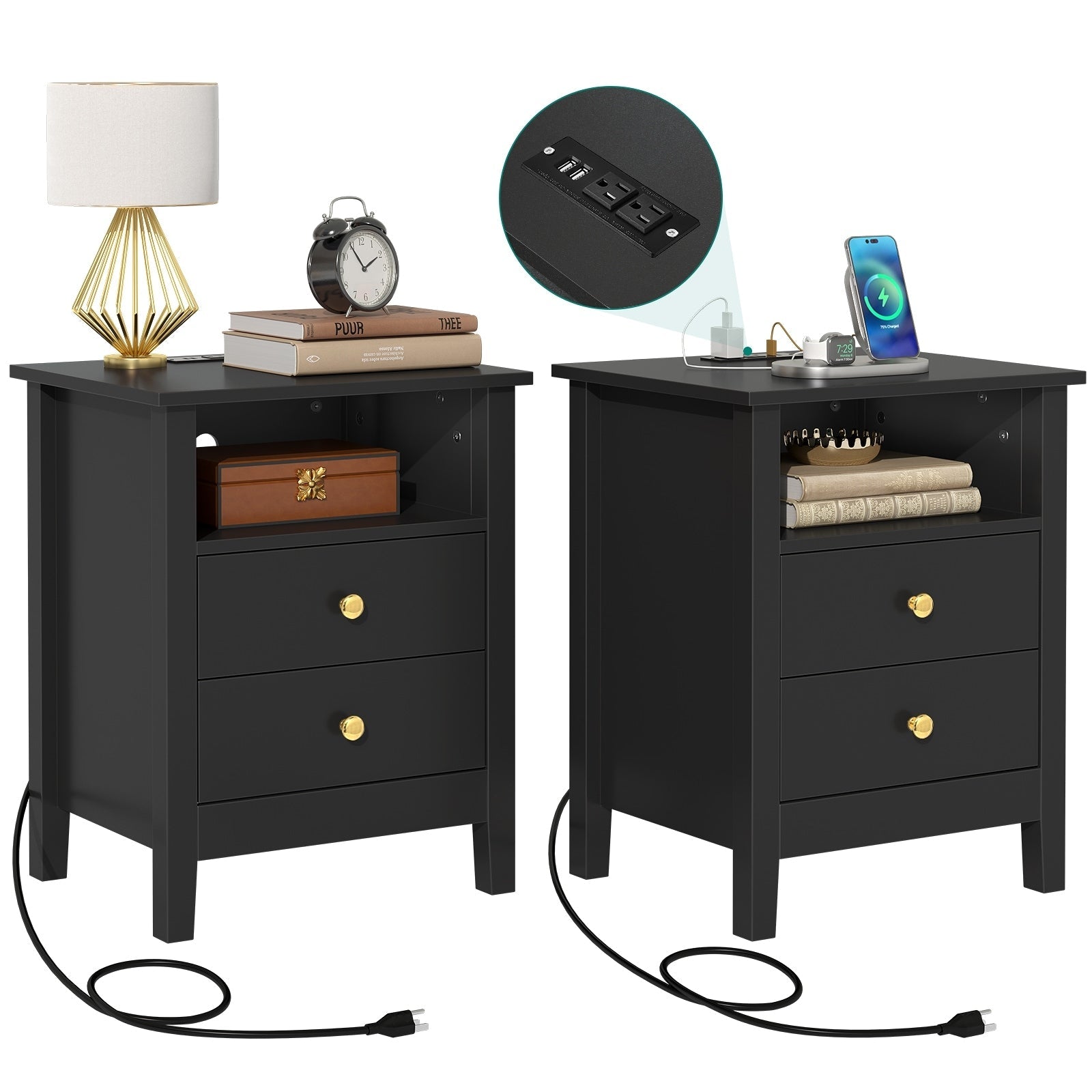 Ensemble de 2 tables de chevet avec station de charge, table d'appoint avec 2 tiroirs, ports et prises USB, table de chevet