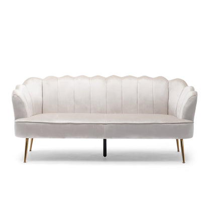 Canapé Nika, 3 places, coutures en U, 193 cm, velours beige, doré
