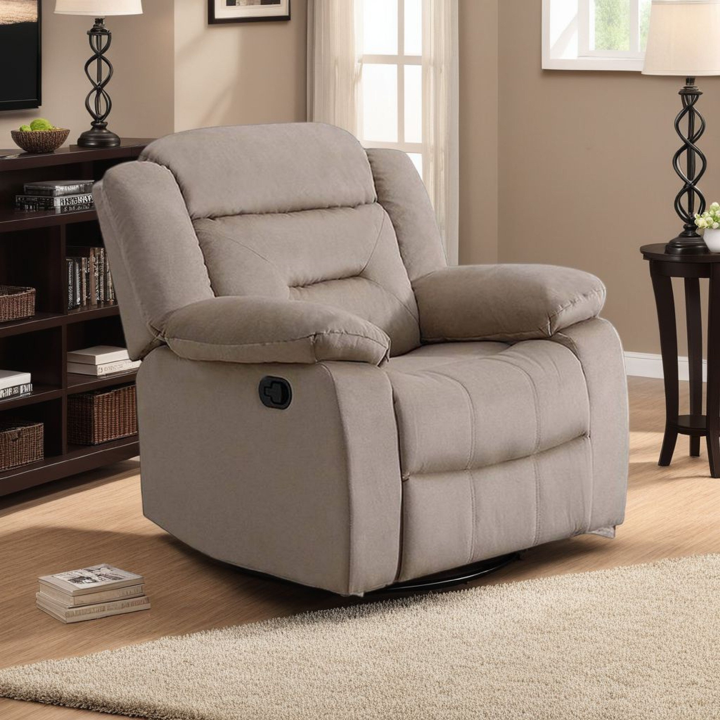 Fauteuil inclinable manuel Niko, velours beige capitonné moelleux, bois massif