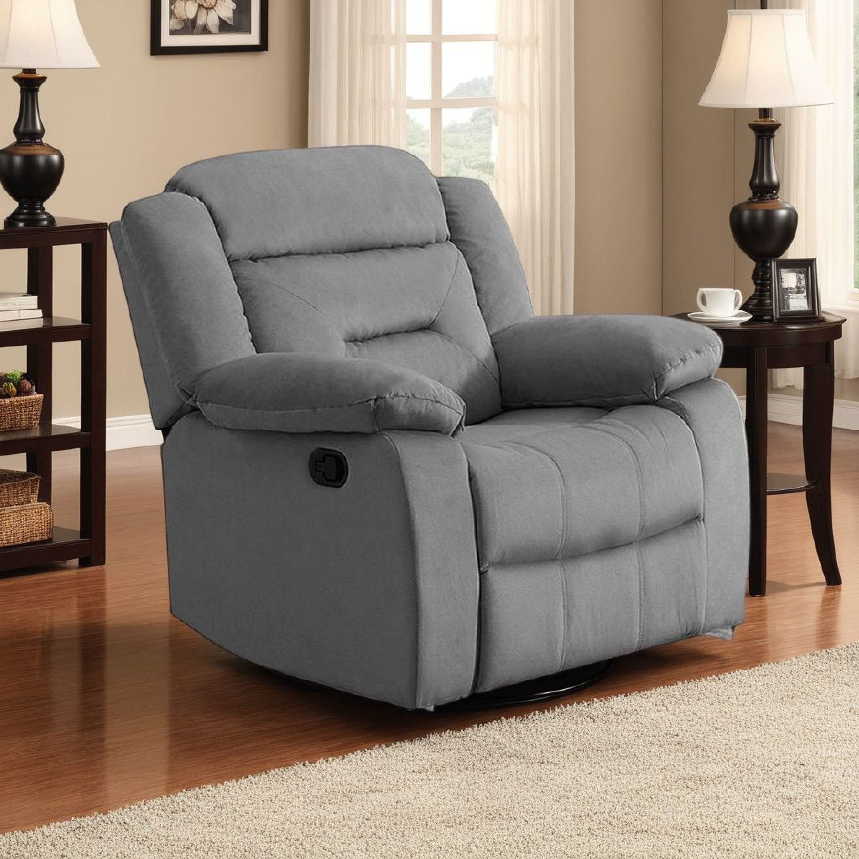 Fauteuil inclinable manuel Niko, velours gris clair capitonné doux, bois massif