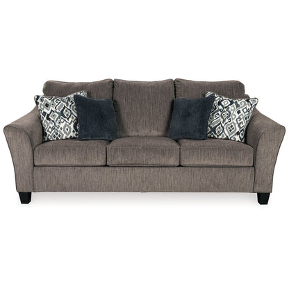 Canapé Nima, polyester gris ardoise, chenille, 4 coussins décoratifs, 233 cm