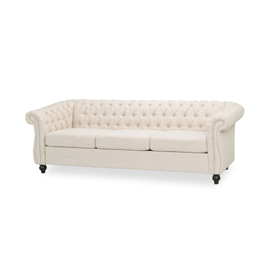 Canapé 3 places Nisy, dossier capitonné en tissu beige Chesterfield, 85 pouces