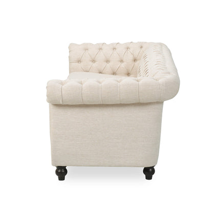 Canapé 3 places Nisy, dossier capitonné en tissu beige Chesterfield, 85 pouces