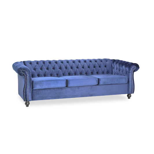 Canapé 3 places Nisy, Chesterfield, dossier capitonné en velours bleu foncé, 85 pouces