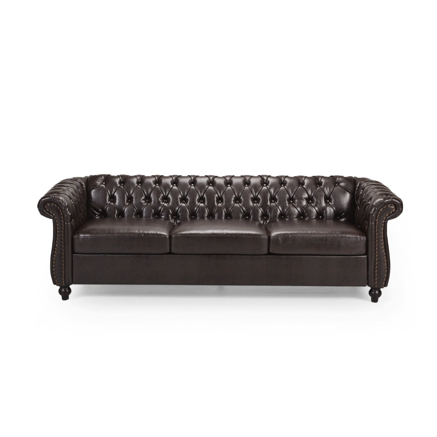 Canapé Nisy, Chesterfield capitonné, dossier en similicuir marron, 85 pouces