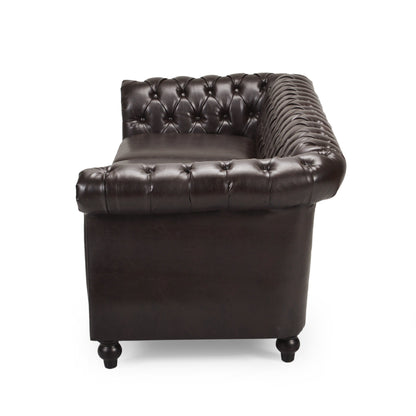 Canapé Nisy, Chesterfield capitonné, dossier en similicuir marron, 85 pouces