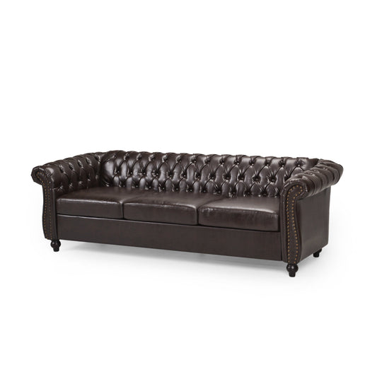 Canapé Nisy, Chesterfield capitonné, dossier en similicuir marron, 85 pouces