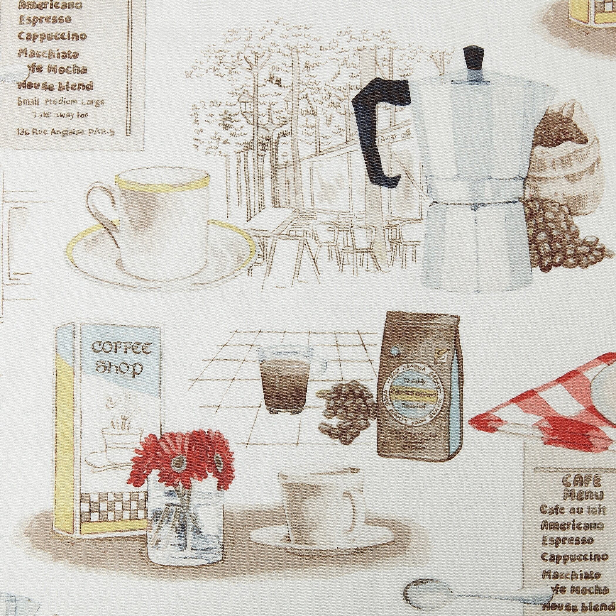 N° 918 Brew Coffee Shop Ensemble de rideaux de cuisine semi-transparents à passe-tringle avec cantonnière et volants