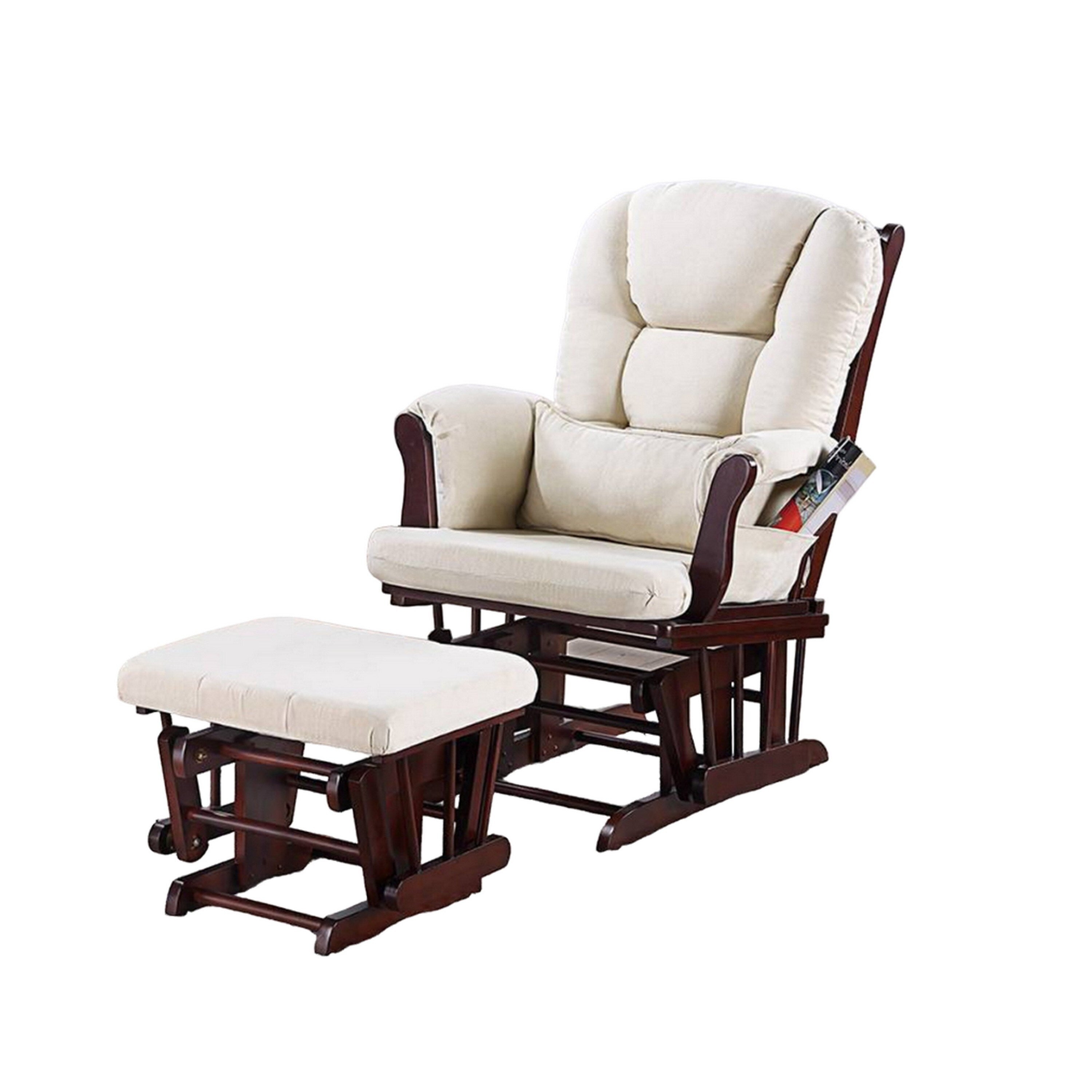 Fauteuil inclinable manuel Noni Glider avec ottoman, bois brun, carré beige