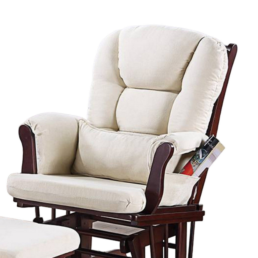 Fauteuil inclinable manuel Noni Glider avec ottoman, bois brun, carré beige
