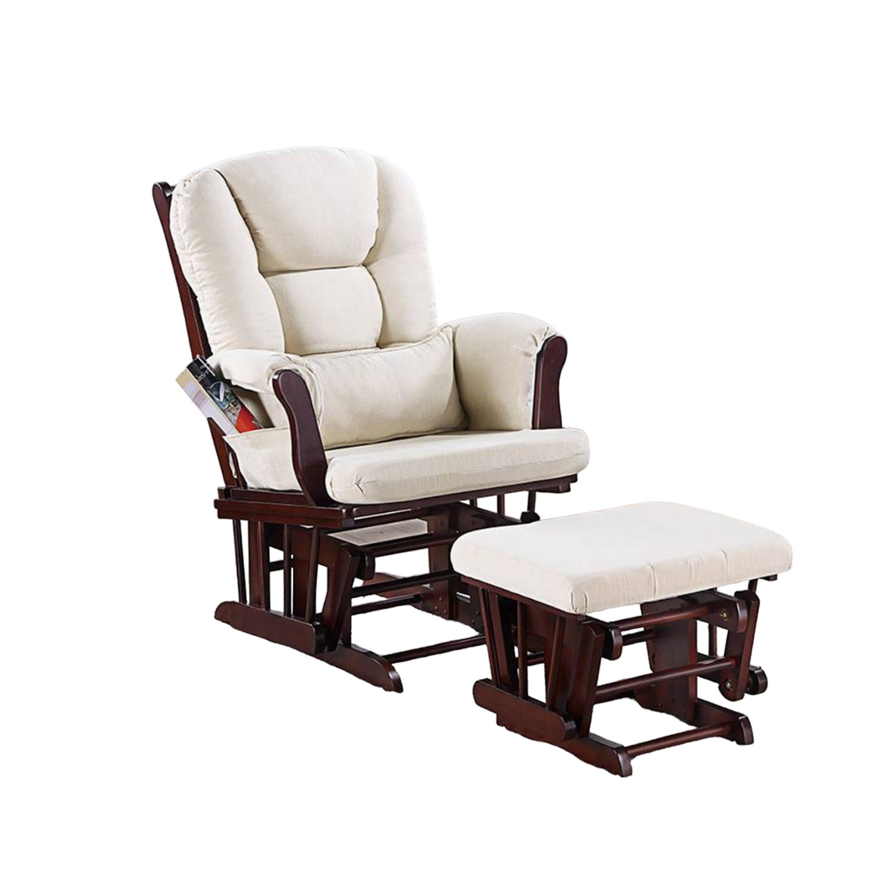 Fauteuil inclinable manuel Noni Glider avec ottoman, bois brun, carré beige