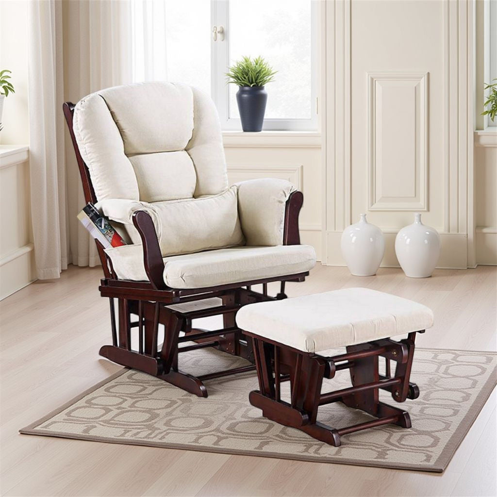 Fauteuil inclinable manuel Noni Glider avec ottoman, bois brun, carré beige