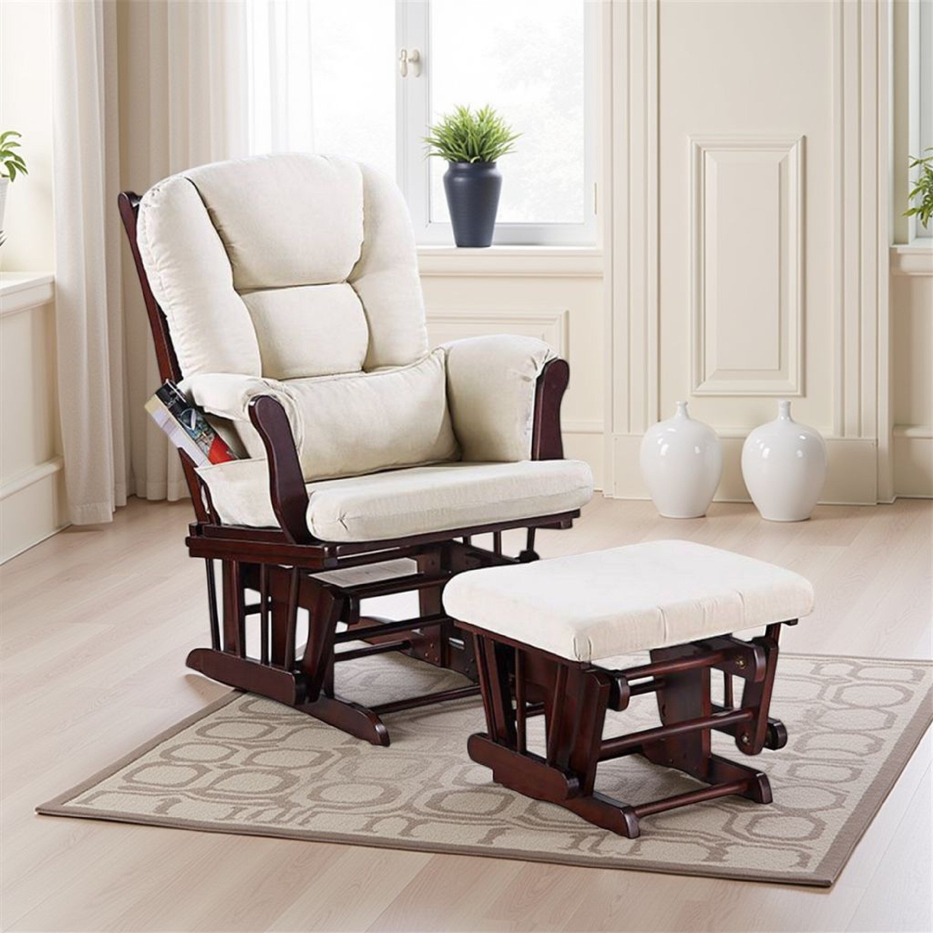 Fauteuil inclinable manuel Noni Glider avec ottoman, bois brun, carré beige
