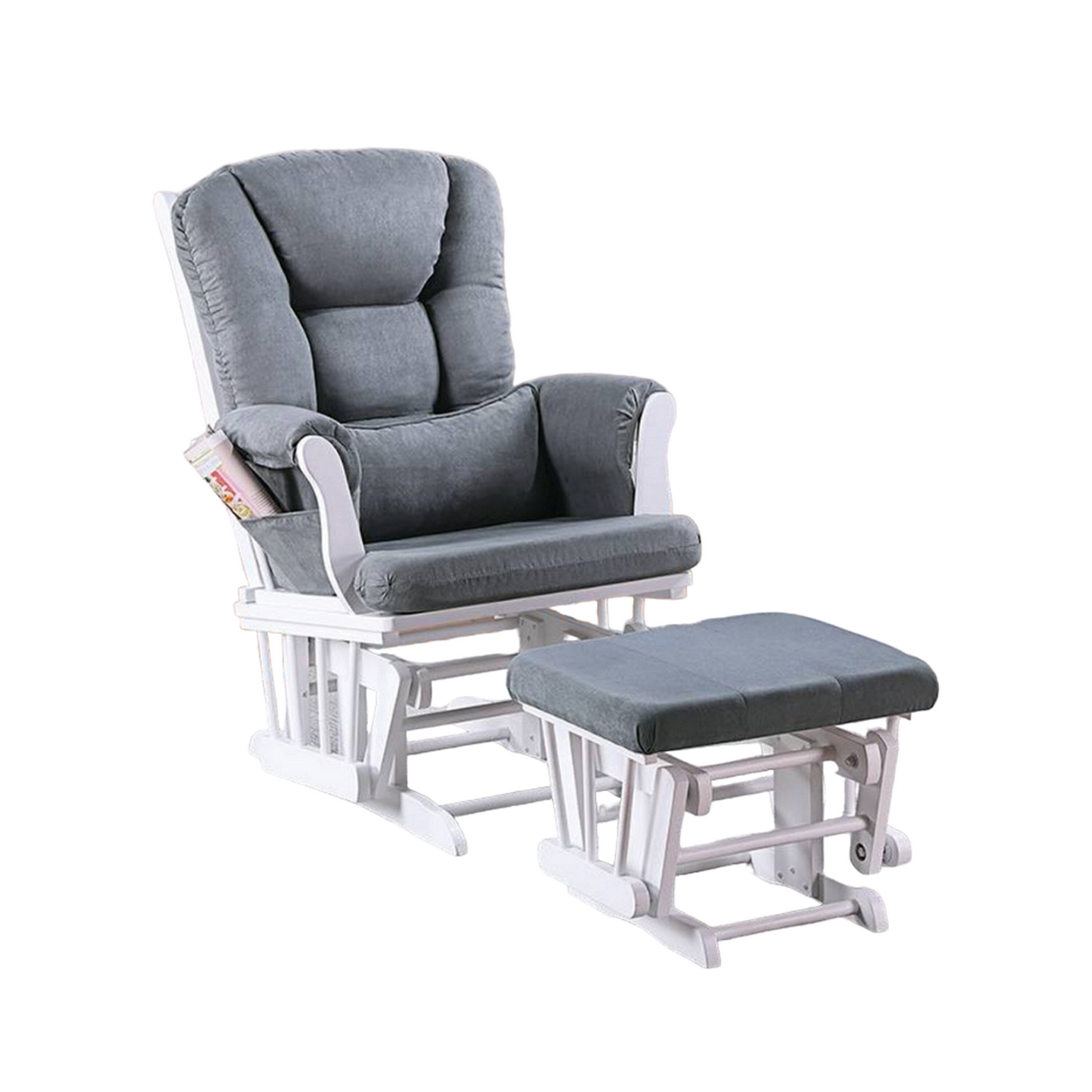 Fauteuil inclinable manuel Noni Glider avec repose-pieds carré, bois blanc et gris