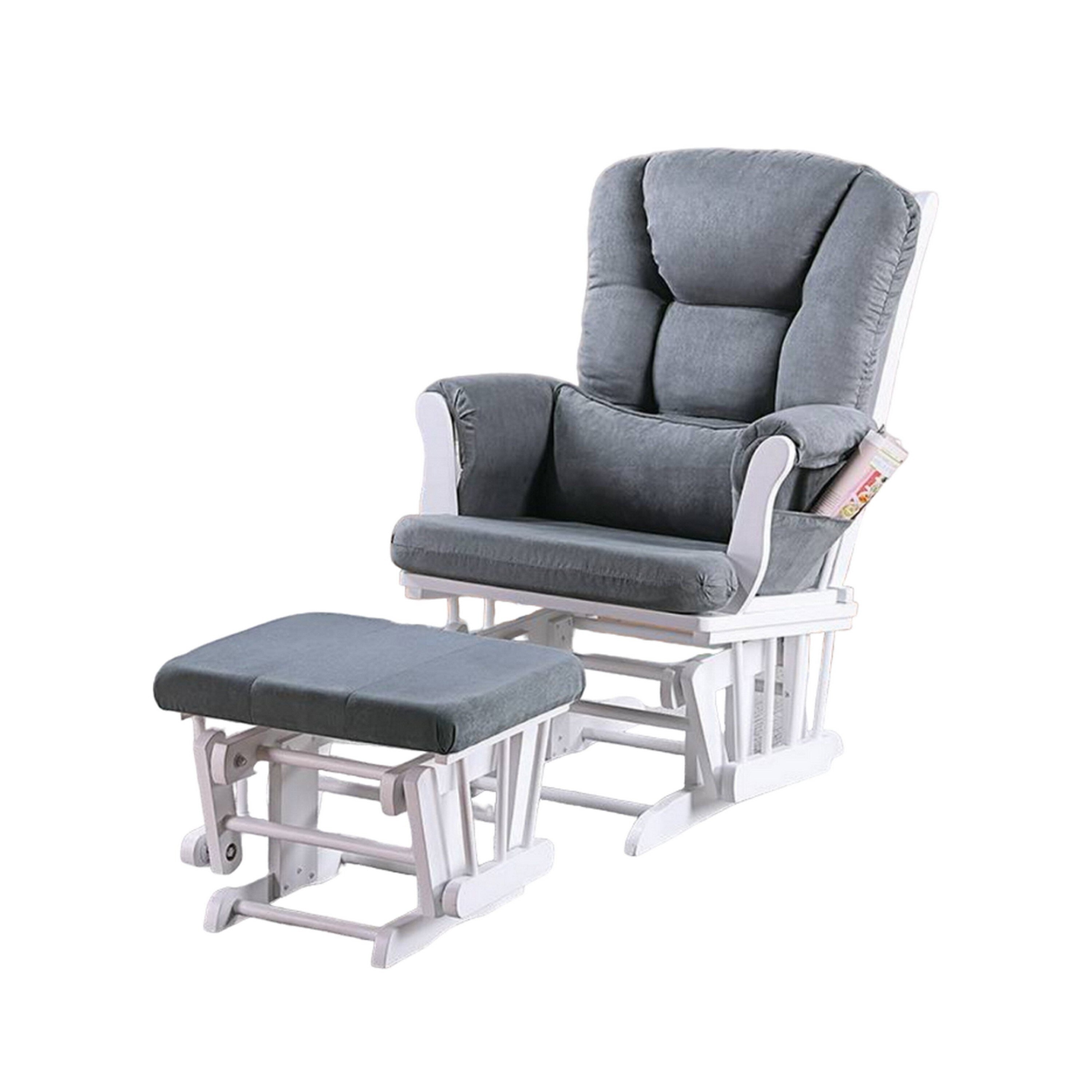 Fauteuil inclinable manuel Noni Glider avec repose-pieds carré, bois blanc et gris